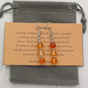 Orecchini pendenti in CORNIOLA fatti a mano con sacchetto regalo e biglietto, pietra preziosa di cristallo da 6 mm