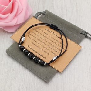 BLACK TOURMALINE Bracelet Adjustable Cord Handmade With Gift Bag & Information Card Crystal Gemstone 6 mm