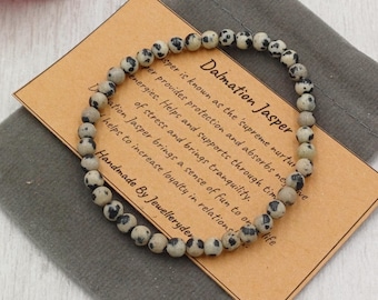 DALMATISK JASPER Armband Stretch Passform Handgjort Med Presentpåse & Kort Kristall Ädelsten 4 mm