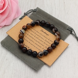 Bracelet extensible en sardoine marron, fait main, avec pochette cadeau et carte, pierre précieuse en cristal de 8 mm