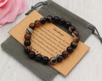 BROWN SARDONYX Bracelet Stretch Fit Handmade With Gift Bag & Card Crystal Gemstone 8 mm