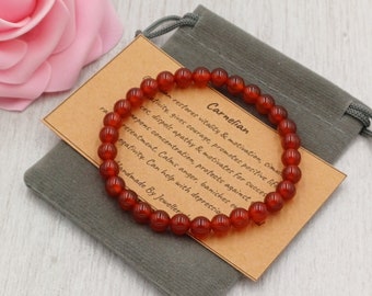 RED CARNELIAN Bracelet Stretch Fit Handmade With Gift Bag & Card Crystal Gemstone 6 mm
