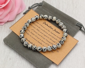 DALMATISK JASPER Armband Stretch Passform Handgjort Med Presentpåse & Kort Kristall Ädelsten 6 mm