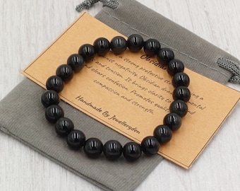OBSIDIAN Bracelet Stretch Fit Handmade With Gift Bag & Card Crystal Gemstone 8 mm