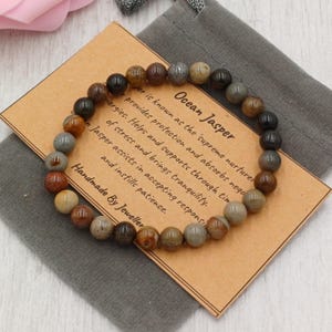 Bracelet extensible en jaspe océanique fait main avec sac cadeau et carte, pierre précieuse en cristal de 6 mm