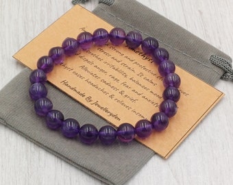 AMETHYST Bracelet Stretch Fit Handmade With Gift Bag & Card Crystal Gemstone 8 mm