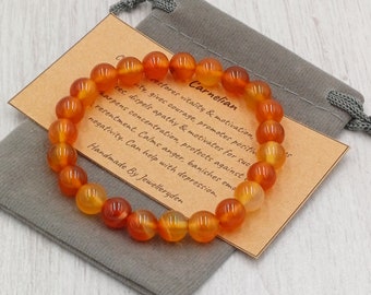 CARNELIAN Bracelet Stretch Fit Handmade With Gift Bag & Card Crystal Gemstone 8 mm