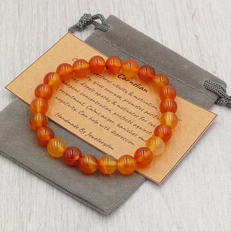 CARNELIAN Bracelet Stretch Fit Handmade With Gift Bag & Card Crystal