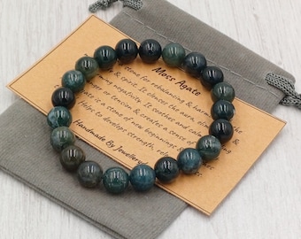 MOSS AGATE Bracelet Stretch Fit Handmade With Gift Bag & Card Crystal Gemstone 8 mm