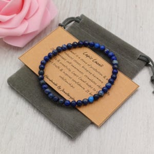 Bracelet extensible en lapis-lazuli, fait main, avec pochette cadeau et carte, pierre précieuse en cristal de 4 mm