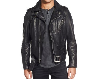Men/'s ROCKER Black Western Trucker Cowboy POLICE Long Sleeve Real Leather Shirt