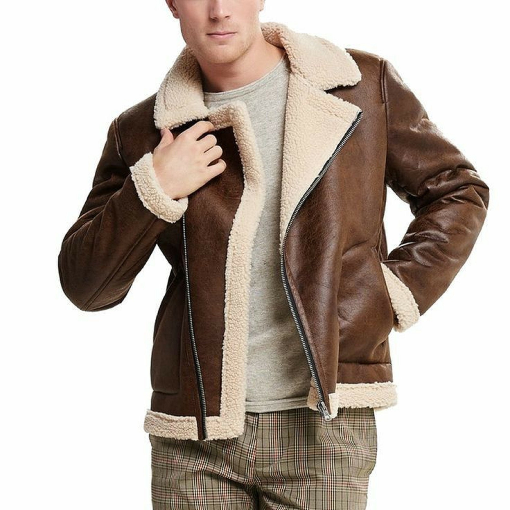 Mens Brown Fur Leather Jacket Shearling Leather Jacket - Etsy