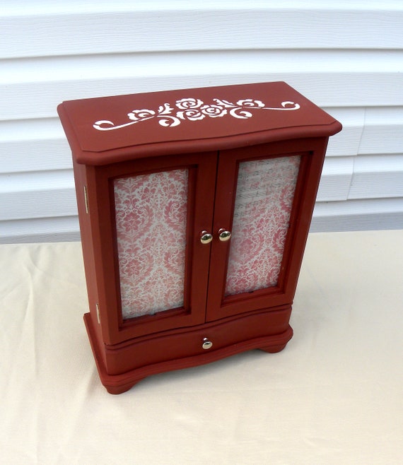 Chalk Painted Jewelry Box Dark Red Upcycled Jewelry Armoire