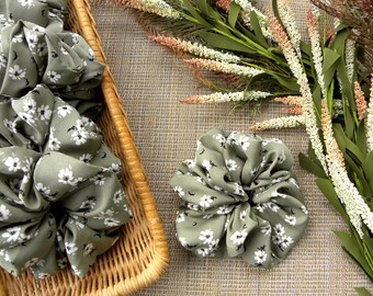 Oversized Floral Scrunchie, XL Scrunchie, Large Green Chiffon Scrunchie