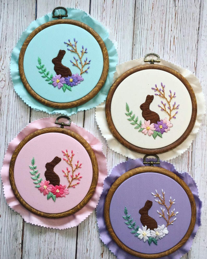 Floral Easter Chocolate Bunny Hand Embroidery Hoop PDF Digital Pattern DIY Easy to Follow Directions Embroidery Template and Stitch Guide image 2