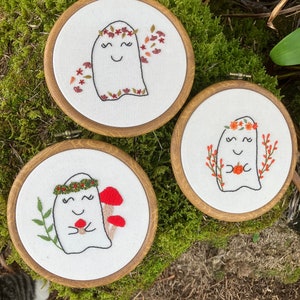 Fall Ghosts Hand Embroidery Pattern with YouTube Video Tutorial Guide Autumn Spooky Season DIY Halloween Embroidery