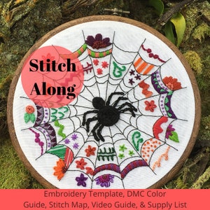 Spider Web Embroidery Stitch Along Template, Material/ Supply guide, DMC color guide, Stitch Map. Hand Embroidery Pattern Video Guide