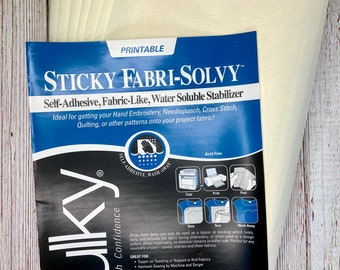 Sulky Sticky Fabri-Solvy Water Soluble Stabilizer, Embroidery Transfer Paper, Printable (12)  8.5" x 11" sheets, Stick and Stitch Paper
