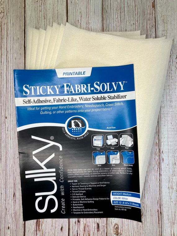 Sulky Sticky Fabri-Solvy Water Soluble Stabilizer, Embroidery Transfer Paper, Printable (12)  8.5" x 11" sheets, Stick and Stitch Paper