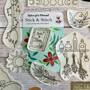 Stick and Stitch Witch Celestial Hand Embroidery Water Soluble Designs for Hoops, Clothes, Totes, Hats, Caps, T-Shirts, Sweatshirts