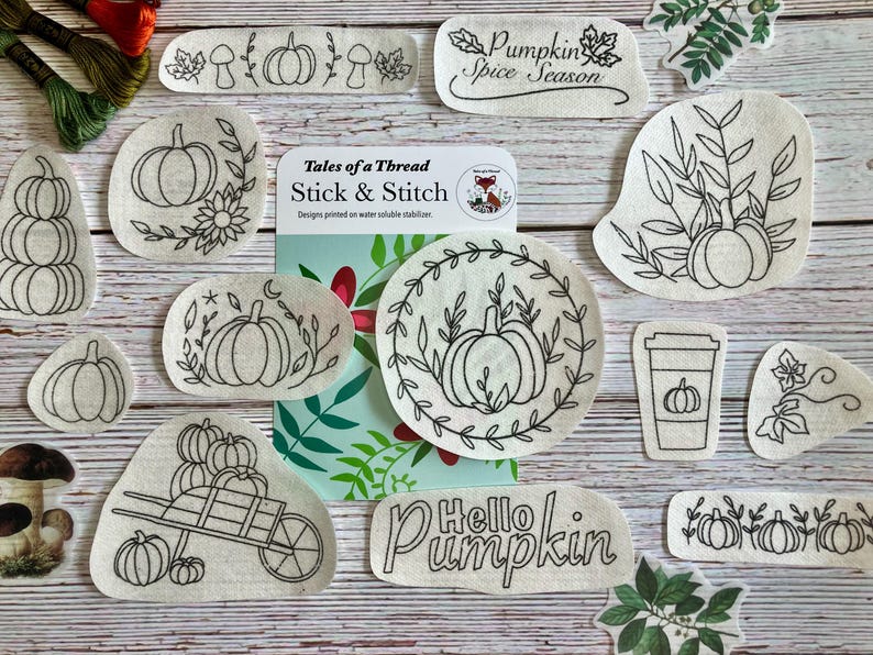 Printable Stick and Stitch Pumpkins Fall Hand Embroidery Water Soluble ...