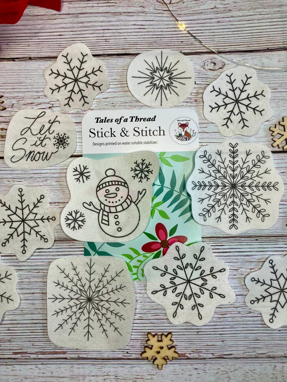 Stick and Stitch Water Soluble Hand Embroidery Designs Snowflakes, Snowman,  Let It Snow for Ornaments, Totes, Clothes, Hats, Sweatshirts 