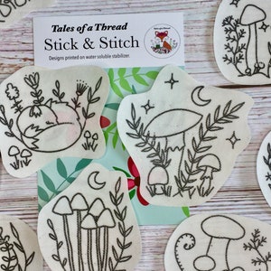 Stick and Stitch Mushroom Toadstool Hand Embroidery Water Soluble Designs for Hoops, Clothes, Totes, Hats, Caps, T-Shirts, Sweatshirts