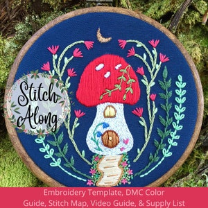 Modèle de point de broderie champignon champignon vénéneux, guide des matériaux et des fournitures, guide des couleurs DMC, guide vidéo de la carte des points
