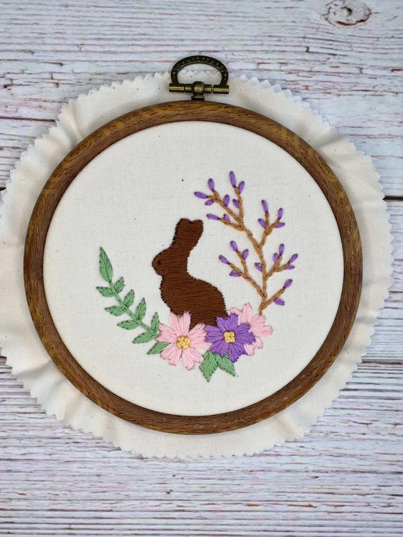 Floral Easter Chocolate Bunny Hand Embroidery Hoop PDF Digital Pattern DIY Easy to Follow Directions Embroidery Template and Stitch Guide image 4