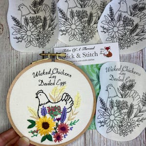 Stick and Stitch Wicked Chickens Lay Deviled Eggs Hand Embroidery Water Soluble Designs for Clothes, Bags Hats, Caps, T-Shirts, Sweatshirts