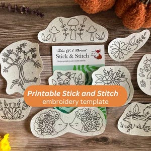 Printable Stick and Stitch Autumn Whimsy Fall Hand Embroidery Water Soluble Designs for Clothes, Totes, Hats, Caps, T-Shirts, Sweatshirts