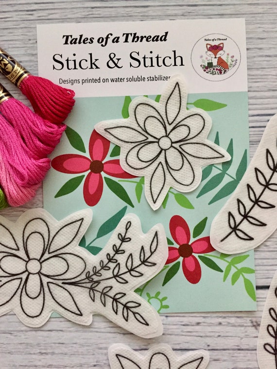 Stick and Stitch Floral Leaf Pack Water Soluble Hand Embroidery Designs for  Hoops, Clothes, Totes, Hats, Caps, T-shirts, Sweatshirts, Onsies 