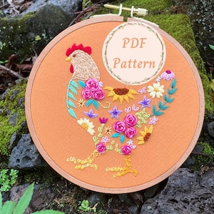 Spring Chicken Hand Embroidery Pattern PDF DIY Easy to Follow Directions Hoop Art Decor and Crafts Floral Farm Hen Design video stitch guide