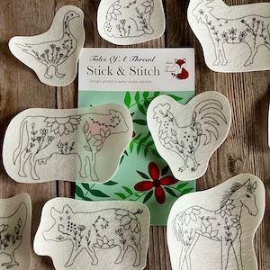 Stick and Stitch Folksy Farm Animal Hand Embroidery Water Soluble Designs for Hoops, Clothes, Totes, Hats, Caps, T-Shirts, Sweatshirts