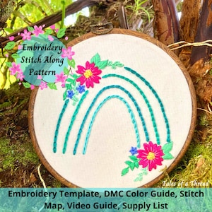 Puntada de bordado a mano de arco iris floral boho a lo largo del patrón de plantilla, guía de materiales/suministros, guía de colores DMC, guía de vídeo del mapa de puntadas