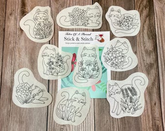 Stick and Stitch Flower Garden Kitties Hand Embroidery Water Soluble Designs for Hoops, Clothes, Totes, Hats, Caps, T-Shirts, Sweatshirts