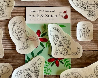 Stick and Stitch Folksy Animal Hand Embroidery Water Soluble Designs for Hoops, Clothes, Totes, Hats, Caps, T-Shirts, Sweatshirts