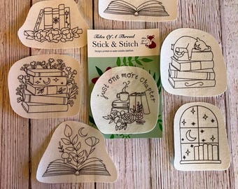 Stick and Stitch Bookish Hand Embroidery Water Soluble Designs for Hoops, Clothes, Totes, Hats, Caps, T-Shirts, Sweatshirts