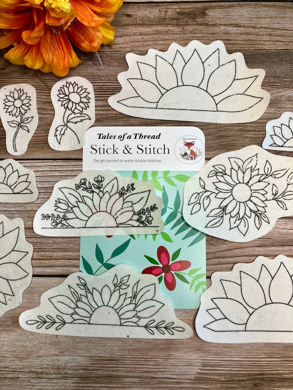 Stick and Stitch Sunflower Hand Embroidery Water Soluble Designs for Hoops,  Clothes, Totes, Hats, Caps, T-shirts, Sweatshirts, Overalls 