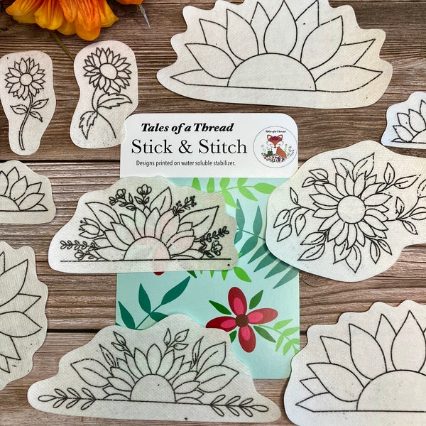 Stick and Stitch Sunflower Hand Embroidery Water Soluble Designs for Hoops, Clothes, Totes, Hats, Caps, T-Shirts, Sweatshirts, Overalls