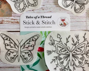 Stick and Stitch Butterfly Hand Embroidery Water Soluble Designs for Hoops, Clothes, Totes, Hats, Caps, T-Shirts, Sweatshirts