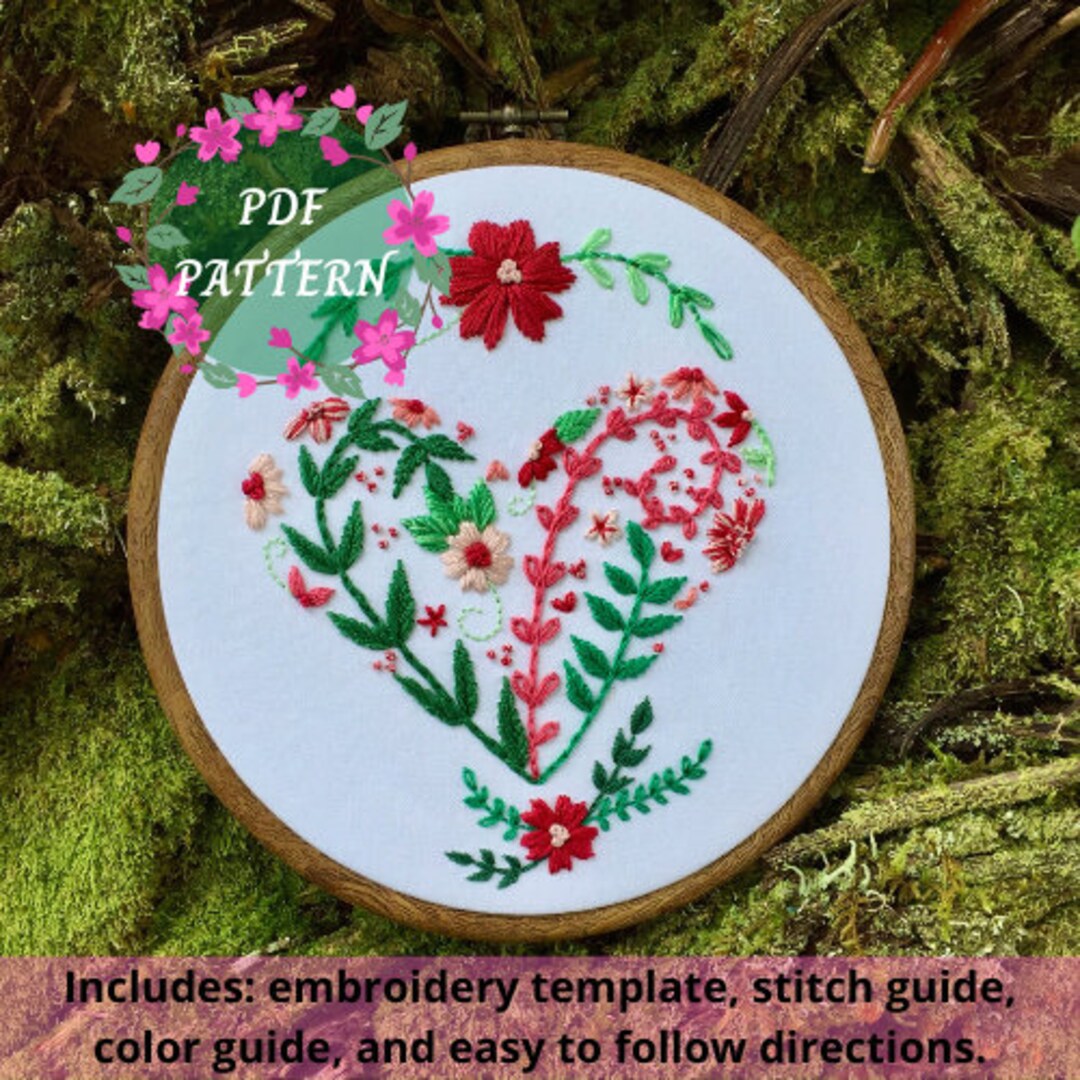 Floral Flower Garden Heart Embroidery Pattern PDF DIY Easy to Follow ...