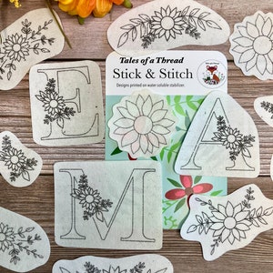 Stick and Stitch Monogram Letters Sunflower Hand Embroidery Water Soluble Designs for Clothes, Totes, Hats, Caps, T-Shirts, Sweatshirts