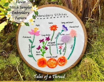 Flower Stitch Sampler Hand Embroidery Stitch Along with Video Guide Embroidery Template