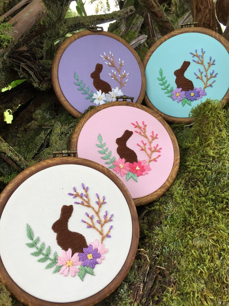 Floral Easter Chocolate Bunny Hand Embroidery Hoop PDF Digital Pattern DIY Easy to Follow Directions Embroidery Template and Stitch Guide image 3