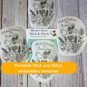 Printable Stick and Stitch Wicked Chickens Lay Deviled Eggs Hand Embroidery Water Soluble Designs for Clothes, Caps, T-Shirts, Sweatshirts