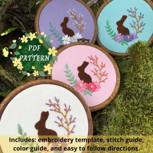 Floral Easter Chocolate Bunny Hand Embroidery Hoop PDF Digital Pattern DIY Easy to Follow Directions Embroidery Template and Stitch Guide image 1