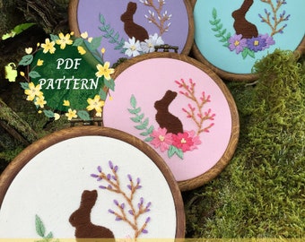 Floral Easter Chocolate Bunny Hand Embroidery Hoop PDF Digital Pattern DIY Easy to Follow Directions | Embroidery Template and Stitch Guide