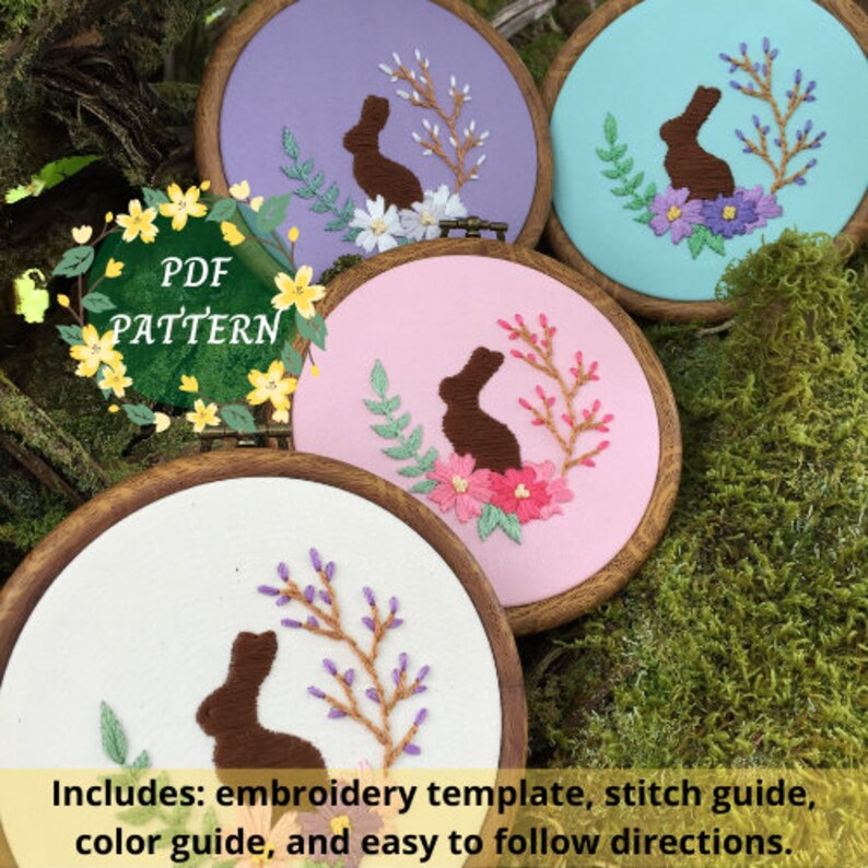 Floral Easter Chocolate Bunny Hand Embroidery Hoop PDF Digital Pattern DIY Easy to Follow Directions Embroidery Template and Stitch Guide image 1