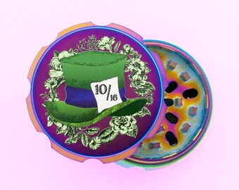 CUSTOM ENGRAVING Mad Hatter Botanical Mill – Psychedelic Custom Grinder, Personalized Grinder, Cute Herb Grinder, Girly Grinder, Unique
